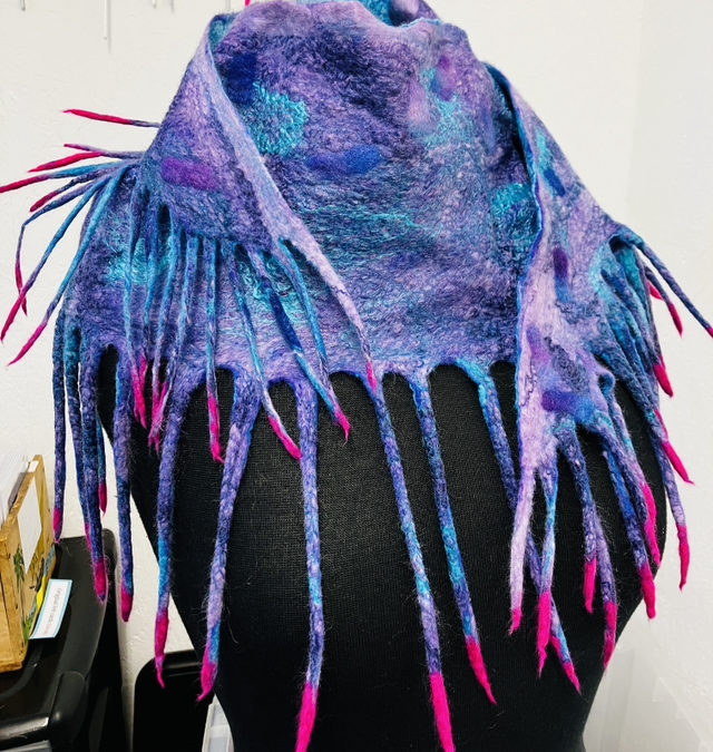 Felted Art – wearable art scarf – Blue Urchin