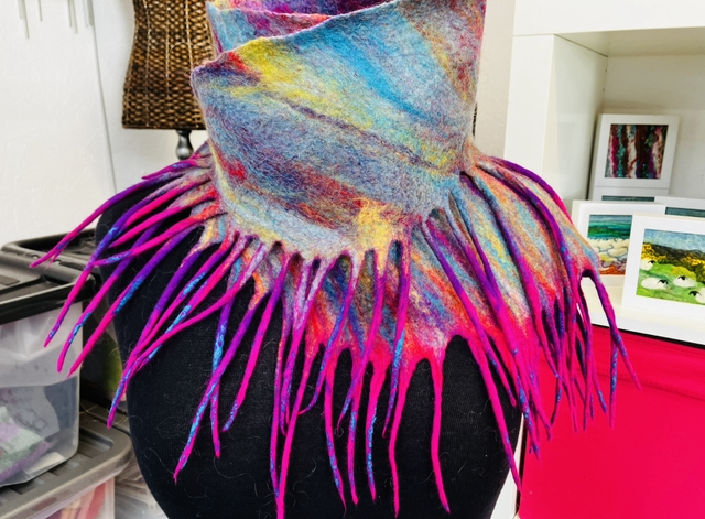 Felted Art – wearable art scarf Pink Urchin